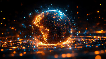Poster - a glowing globe surrounded by swirling gold, silver, white, and blue energy lines on a radiant backg