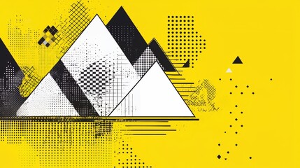Leinwandbilder - Yellow background with black and white shapes that resemble mountains. The shapes are scattered all over the background, creating a sense of chaos and disorder. Scene is one of confusion