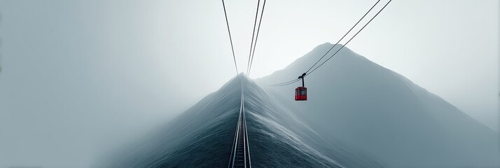 Aufkleber - Cable Car Ascends Mountain Peak With Clean Symmetry Amidst Misty Surroundings Generative AI