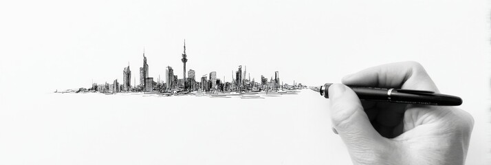 Aufkleber - Minimalist Black Ink Sketch Capturing a City Skyline With Intricate Detail and Artistic Expression in a Serene Atmosphere Generative AI