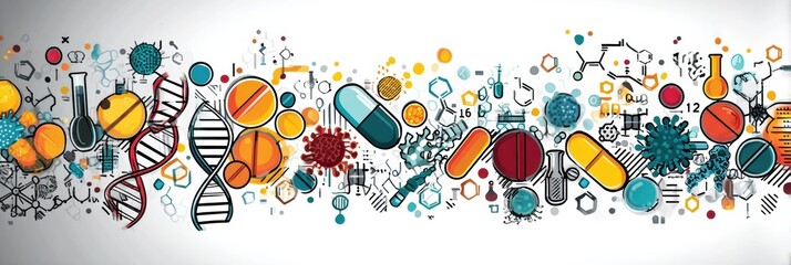 Fototapete - Abstract Science-Themed Background Featuring Icons of DNA, Pills, and Bacteria for Educational and Creative Projects Generative AI