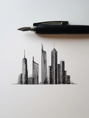 Fototapete - Minimalist Black Ink Pen Sketch of a Vibrant City Skyline With a Detailed Pen Resting Beside It Generative AI