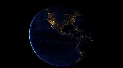 Wall Mural - stunning night view of earth showing north and south america city lights map dark blue gold space