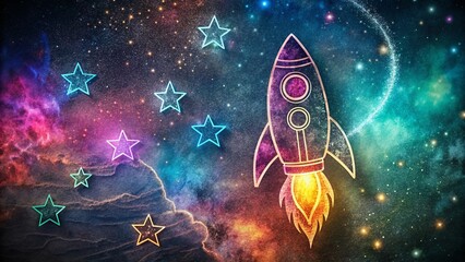 Wall Mural - Cosmic Dreams: Rocket & Star Sketches on Space Background - Stock Photo