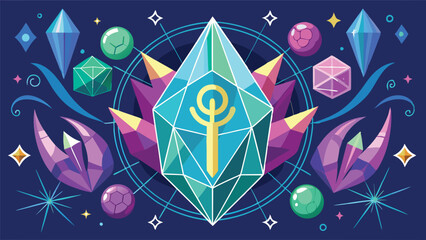 Leinwandbilder - Colorful vector illustration featuring crystals and leaves arranged in a geometric pattern against a dark blue background, perfect for mystical themes or decorative use