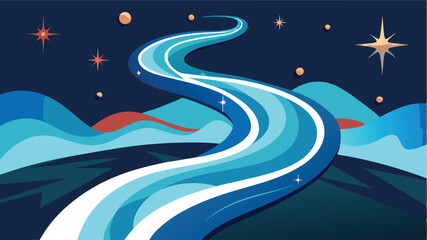 Poster - Swirling river under a starry sky with rolling hills and a radiant sun in a vibrant vector illustration