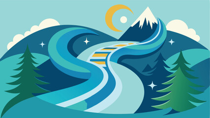 Poster - Swirling river under a starry sky with rolling hills and a radiant sun in a vibrant vector illustration