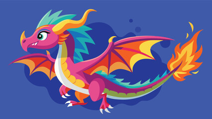 Poster - Colorful vector illustration of a cartoon dragon with vibrant wings soaring across a purple background in a playful, whimsical style