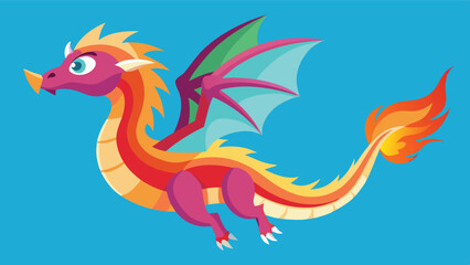 Poster - Colorful vector illustration of a cartoon dragon with vibrant wings soaring across a purple background in a playful, whimsical style