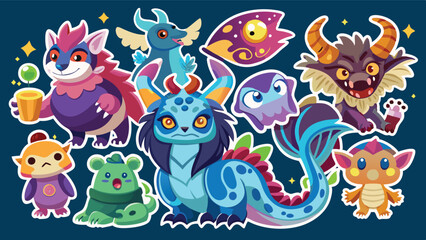 Poster - Colorful vector illustration showcasing a variety of whimsical creatures including birds, mammals, and mythical beings in a playful arrangement on a blue background