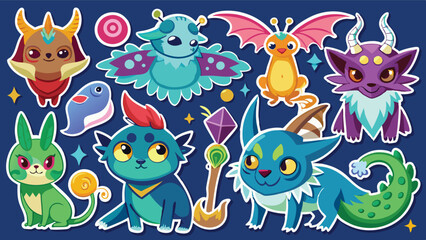 Poster - Colorful vector illustration showcasing a variety of whimsical creatures including birds, mammals, and mythical beings in a playful arrangement on a blue background