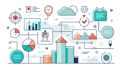 Poster - Colorful vector illustration depicting various data analysis elements including graphs, charts, and icons commonly found in a business or technology environment