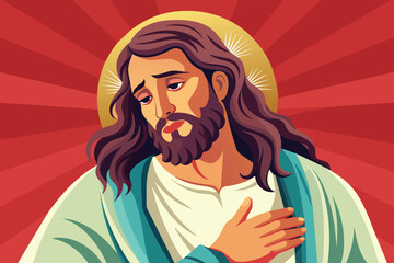 Poster - Vector illustration of a serene figure with open arms against a vibrant backdrop of sun and mountains, symbolizing peace and enlightenment in nature