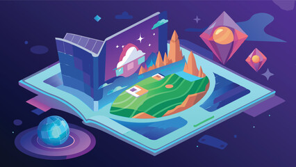 Aufkleber - Vibrant vector illustration depicting a fantasy landscape with a castle, waterfall, trees, and floating elements in a playful and colorful setting