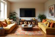 © Mahmudul - Modern living room interior featuring yellow sofas, stylish decor, and entertainment center