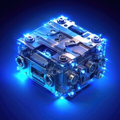 Poster - A detailed metallic cube with a futuristic design is illuminated by vibrant blue lighting, set against a dark blue backdrop. It has a complex structure with reflective surfaces and glowing accents.