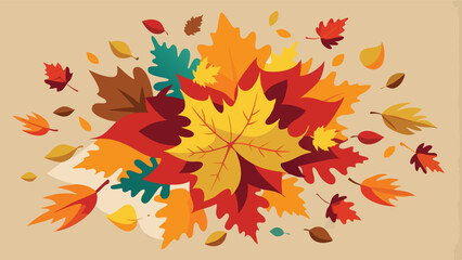 Poster - Colorful autumn leaves falling on a light background, creating a vibrant display of nature's beauty and seasonal change in a vector illustration style