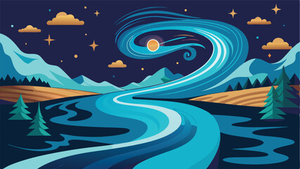 Poster - Swirling river under a starry sky with rolling hills and a radiant sun in a vibrant vector illustration