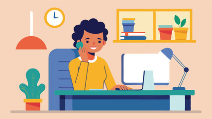 Leinwandbilder - Person working at a desk in a modern home office, engaging in a phone conversation while surrounded by plants and books in a bright and inviting workspace