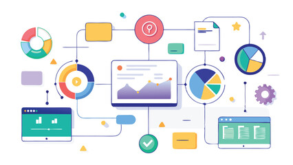 Aufkleber - Vector illustration of a digital data analysis concept showcasing charts, graphs, and information flow in a modern workspace setting with vibrant colors and geometric shapes