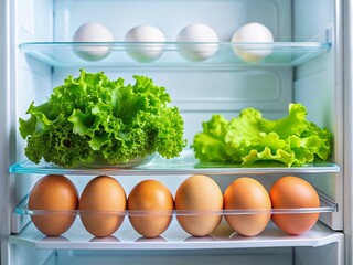 Wall Mural - Fresh Eggs & Crisp Lettuce in a Bright Refrigerator - Healthy Food Stock Photo