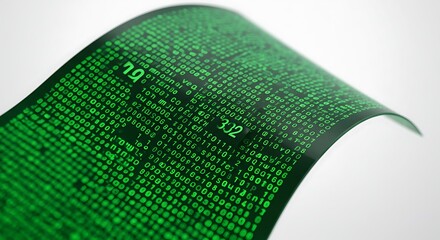 green hexadecimal puter code displayed on a flexible glass screen in a futuristic information technologies concept, 3d render