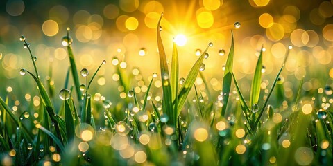 Wall Mural - Long Exposure Dew Drops on Grass at Sunrise - Nature Photography