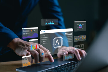 Aufkleber - Businessman using laptop with AI data analytics dashboard interface. Concept artificial intelligence in business intelligence, big data analysis, machine learning prediction, smart data visualization.