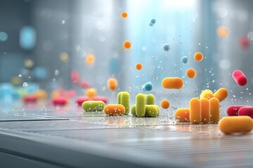 Poster - colorful resistant bacteria floating in clean clinical background demonstrates modern microbiology a