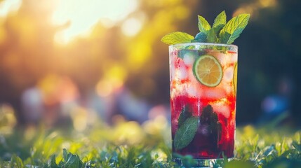 Refreshing summer cocktail on a grassy picnic blanket, vibrant red drink with ice, lime wedge, and fresh mint garnish under a sunset