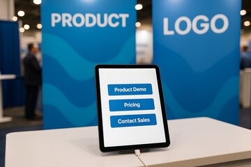 a tablet displays options for product demo, pricing, and contact sales at a branded booth. concept o
