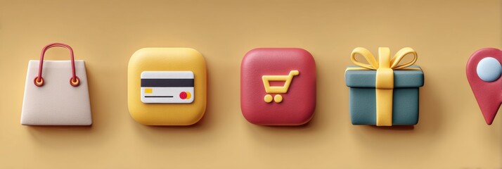Poster - Colorful 3D Icons Representing Shopping Activities Featuring a Shopping Bag, Credit Card, Gift, and Location Pin on a Smooth Background Generative AI