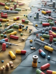 Poster - Bacterial Battlefield Showing Scattered Pills, Syringes, and Medical Supplies in a Chaotic yet Intricate Layout Generative AI