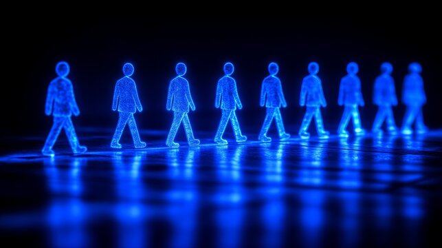 Abstract digital figures walking in a line on a reflective surface.