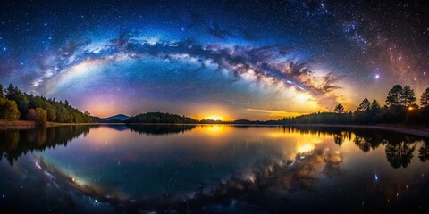 Wall Mural - Starry Night Sky Milky Way Galaxy Reflecting on Calm Lake Water