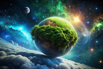 Wall Mural - surreal green earth: vibrant planet floating in a dreamlike cosmos