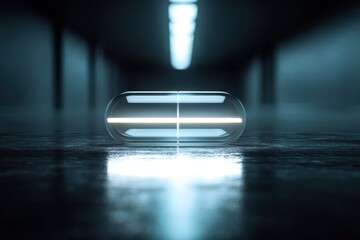 Poster - Glowing Capsule Rests in a Dark Sterile Environment, Showcasing Futuristic Design Elements and Illuminating Its Surroundings Generative AI