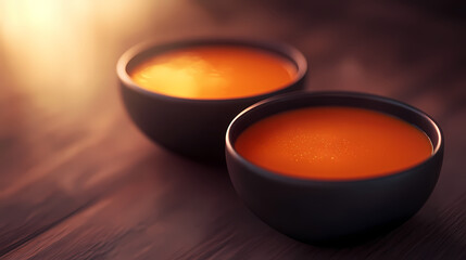 Wall Mural - Two bowls of pumpkin soup in a close-up view, set against a dark background. beautiful simple ai generated image. [Neon Folklore] | Synth Spirits | generated essence. Illustration