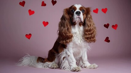 Wall Mural - celebrate love adorable cavalier king charles spaniel surrounded red arts sitting pink backdrop clos