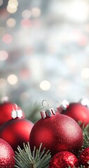 Poster - Festive holiday background with red Christmas ornaments and bokeh lights