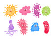 © Yumagema - Set of colorful cute virus and bacteria character cartoon emoticon collection, bacterial infection or illness in microbiology, germ and infections, Microbe, pathogen, organism emotions illustration.