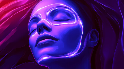 Wall Mural - woman receiving facial treatment with led light therapy mask. [neon folklore] | radiant masks | glow