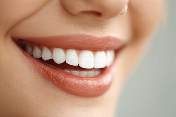 Poster - Bright Smile Displaying Tooth-Colored Crown With Soft Facial Details in a Cheerful Setting During Daylight Generative AI