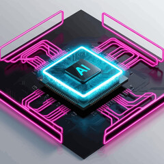 Poster - AI Chip Processor with Neon Pink Circuitry and Neon Blue Lighting