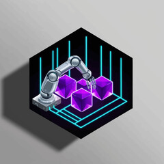 Poster - Isometric Robotic Arm Manipulating 3D Purple Cubes