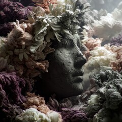 Aufkleber - Artistic Sculpture of a Human Face Surrounded by Colorful Flowers in a Creative Installation Showcasing Natures Beauty Generative AI