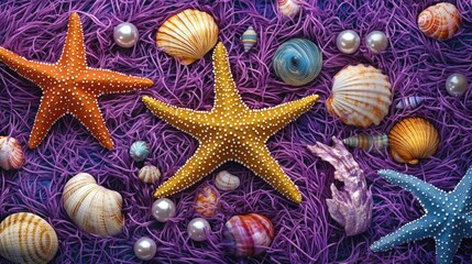 Seashells and Starfish on Purple Netting