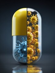 Poster - Visual Comparison of Antibiotic Pill Capsule and Antibiotic-Resistant Bacteria With Microscopic Details Highlighted Generative AI