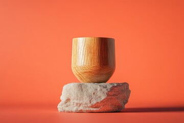 Poster - Wooden cup resting on a stone pedestal against a coral background.