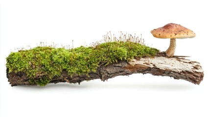 side view of a rustic, rotten tree limb blanketed in moss with a small mushroom, isolated on white.
